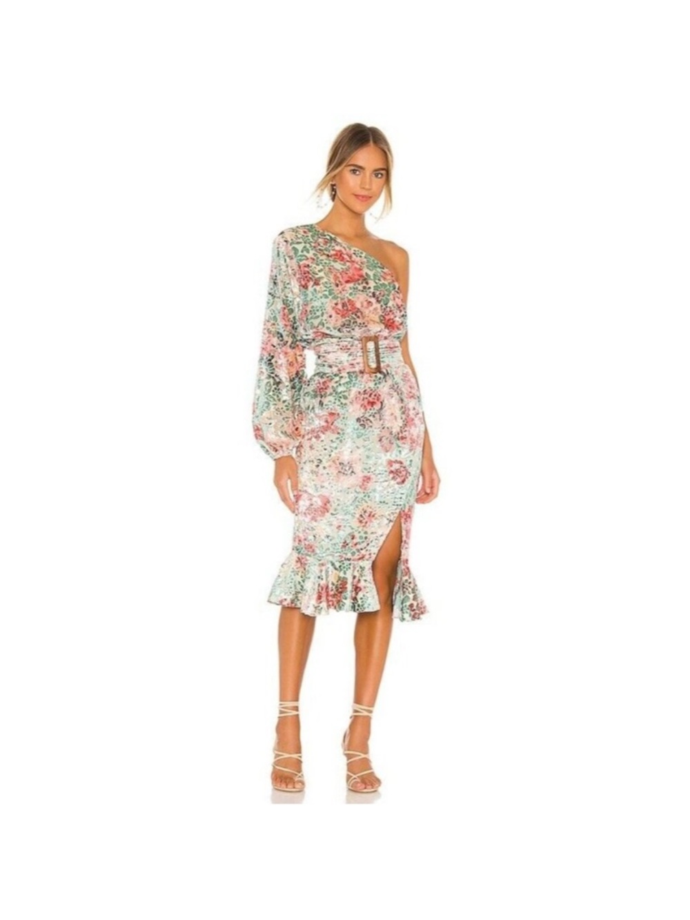 Hemant & Nandita Olivia One-Shoulder Floral Ruffle Midi Dress NWT no belt